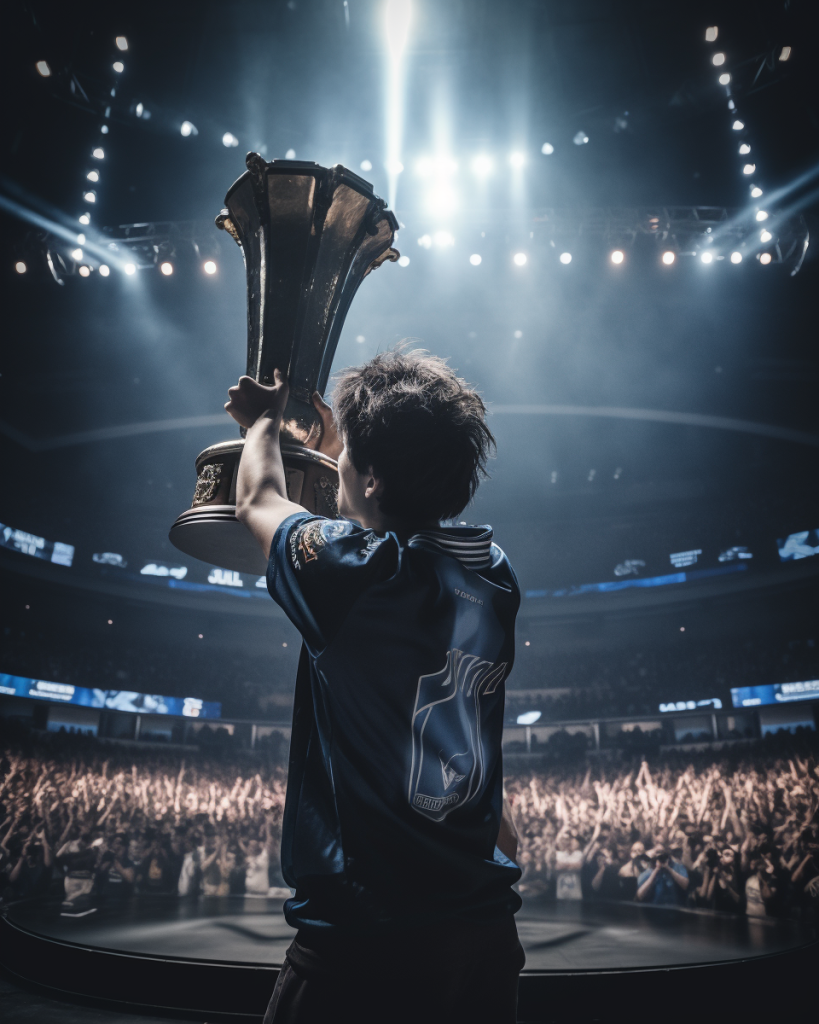 eSports athlete triumphantly holding StarCraft II trophy