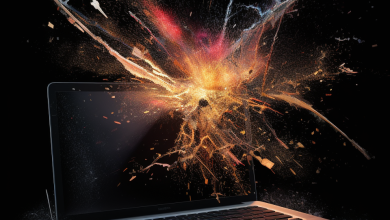 Broken MacBook emitting sparks, symbolizing rumors of change