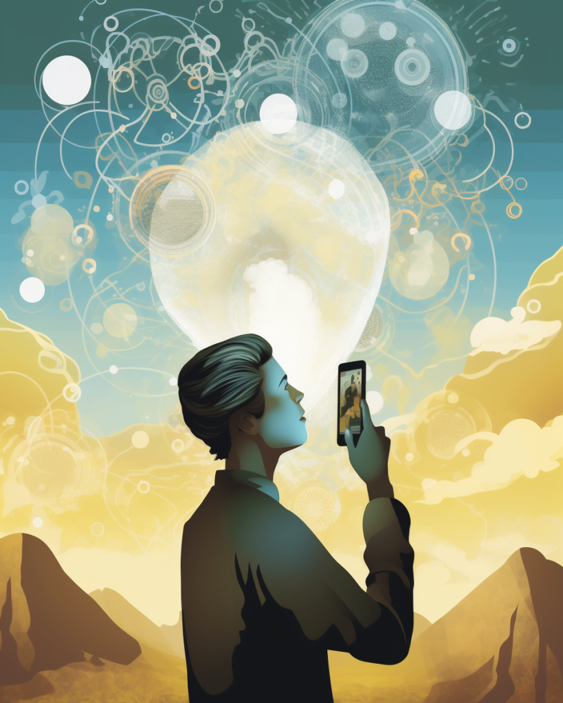 Person holding gadget, gazing into digital future