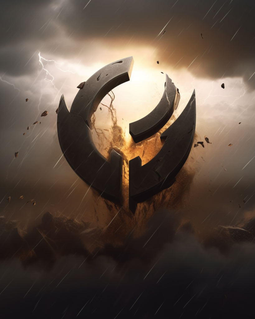 Overwatch logo emerging from storm, symbolizing redemption path