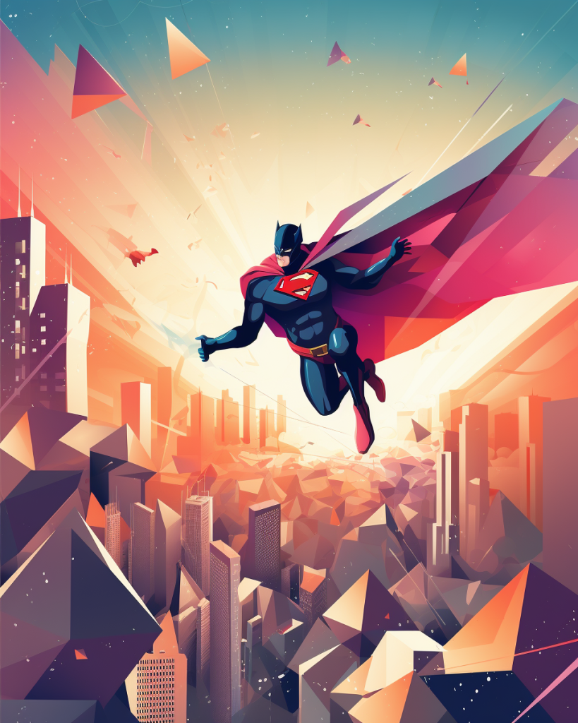Victorious superhero envelope atop city building at sunrise