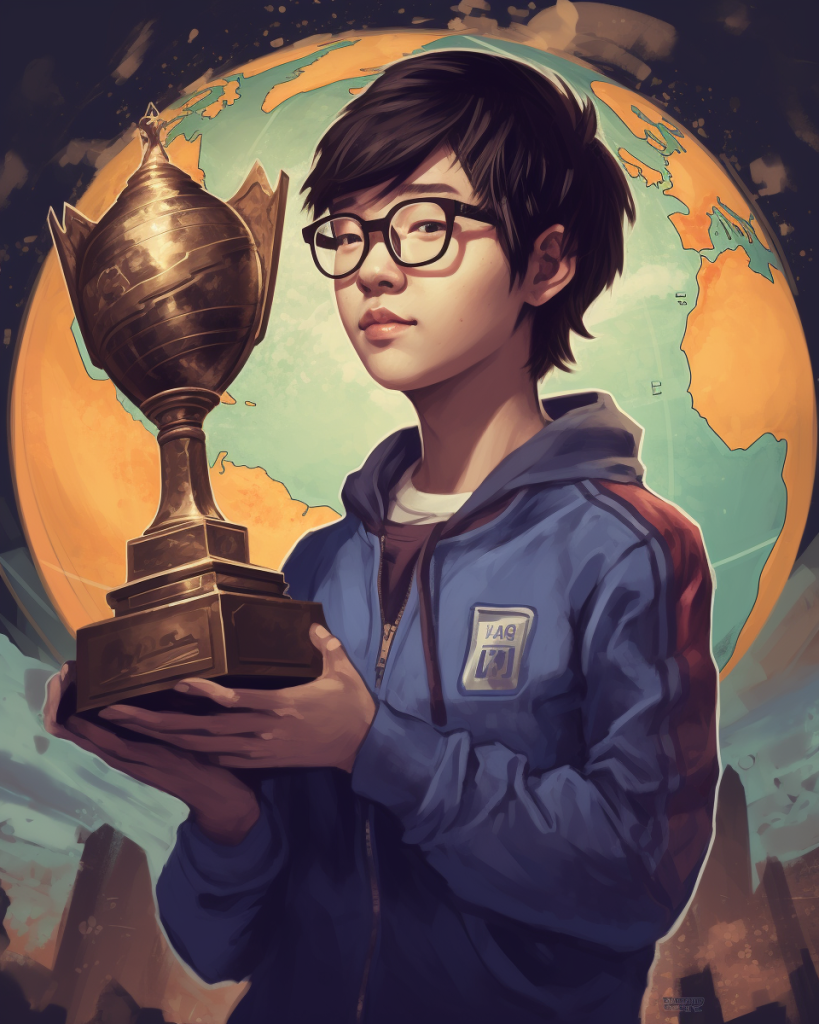 StarCraft champion holding trophy on a global stage