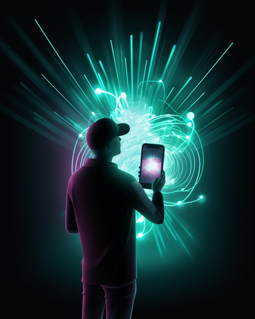 Person with smartphone radiating TikTok logo, symbolizing its digital marketing influence